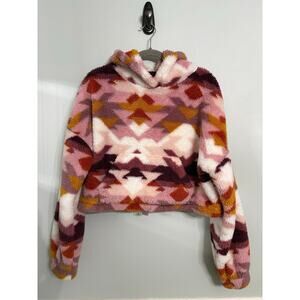Aéropostale Sherpa Fleece Hoodie Pullover – Pink & Mustard Aztec Print – M